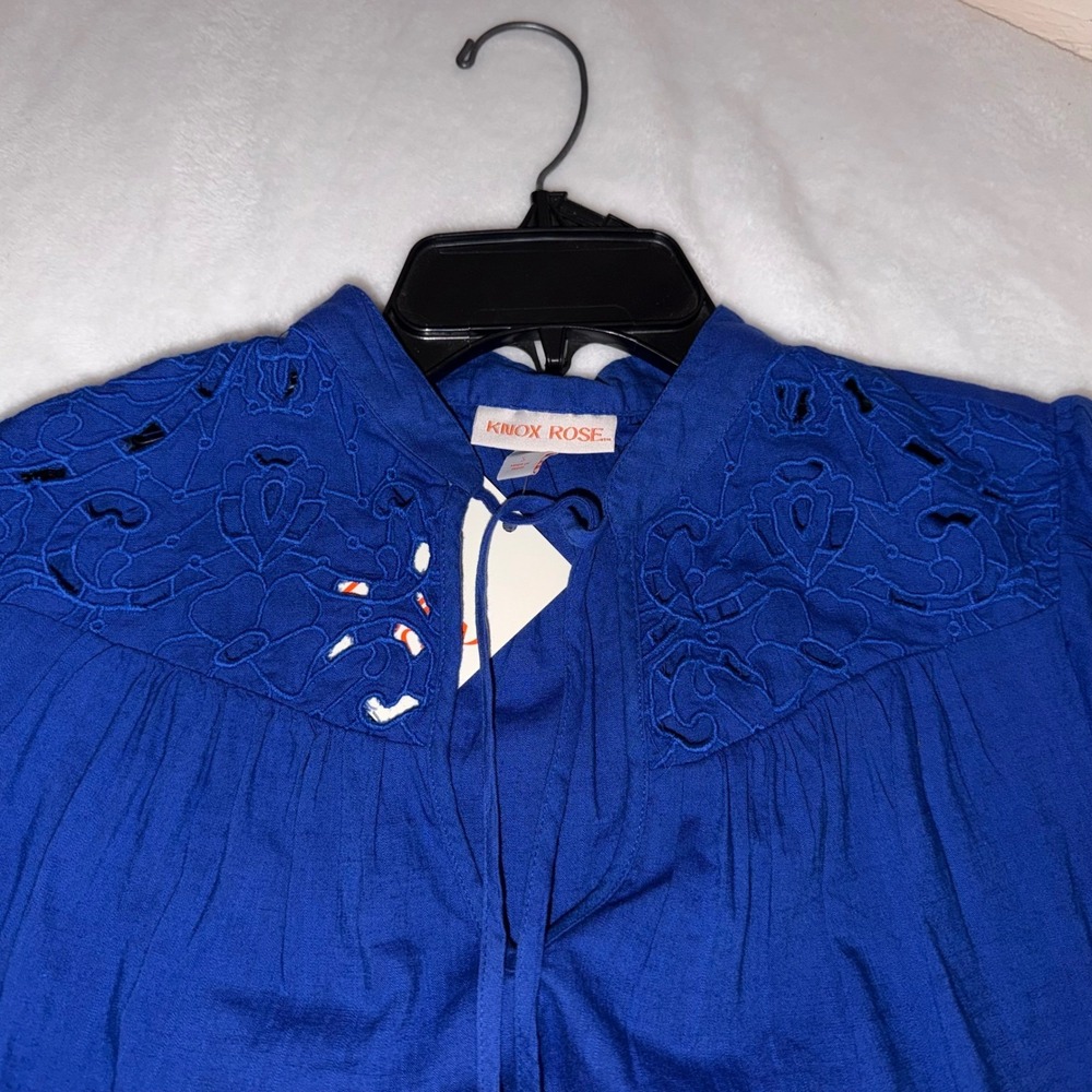 Knox Rose Womens Blue Embroidered Tassel Tie Blouse Short Sleeve Top Small NWT - Picture 7 of 9